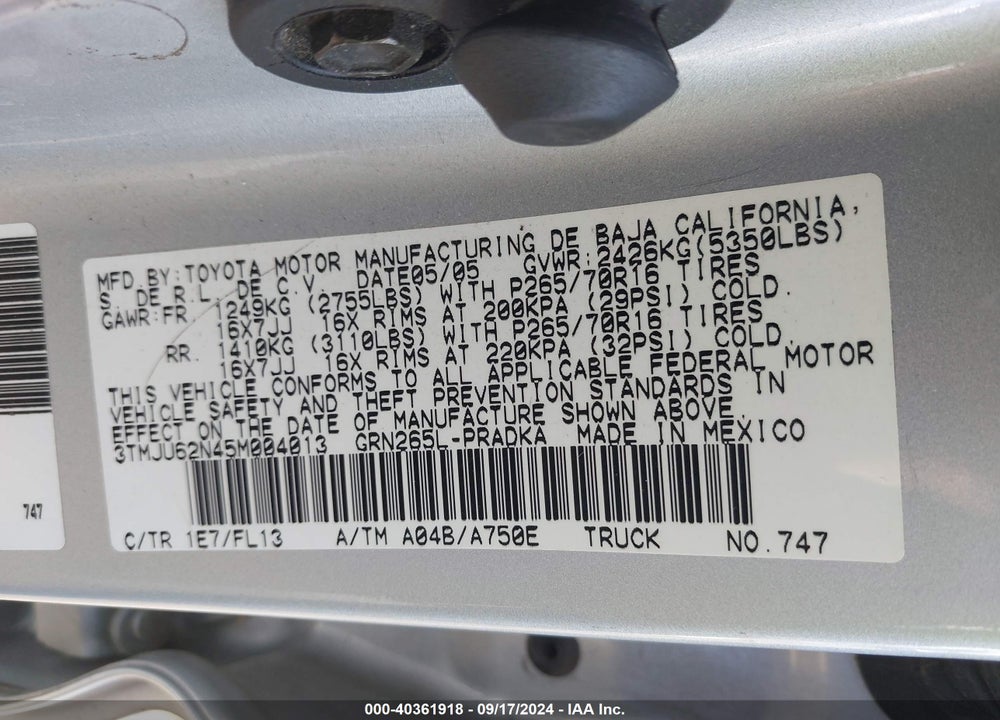 2005 TOYOTA TACOMA PRERUNNER V6 VIN: 3TMJU62N45M004013