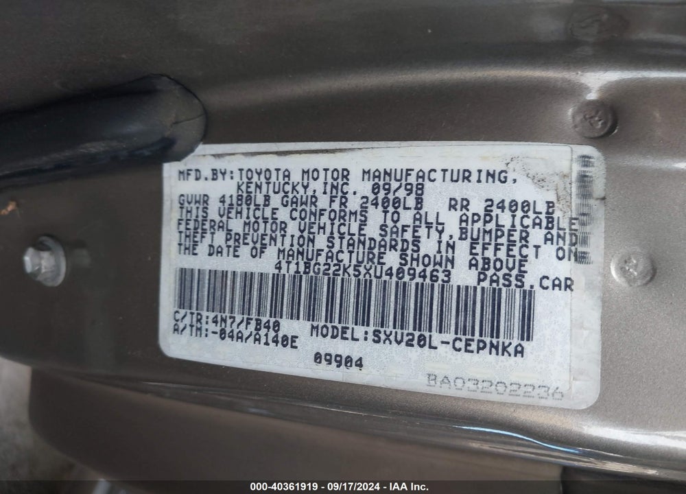 1999 TOYOTA CAMRY LE VIN: 4T1BG22K5XU409463