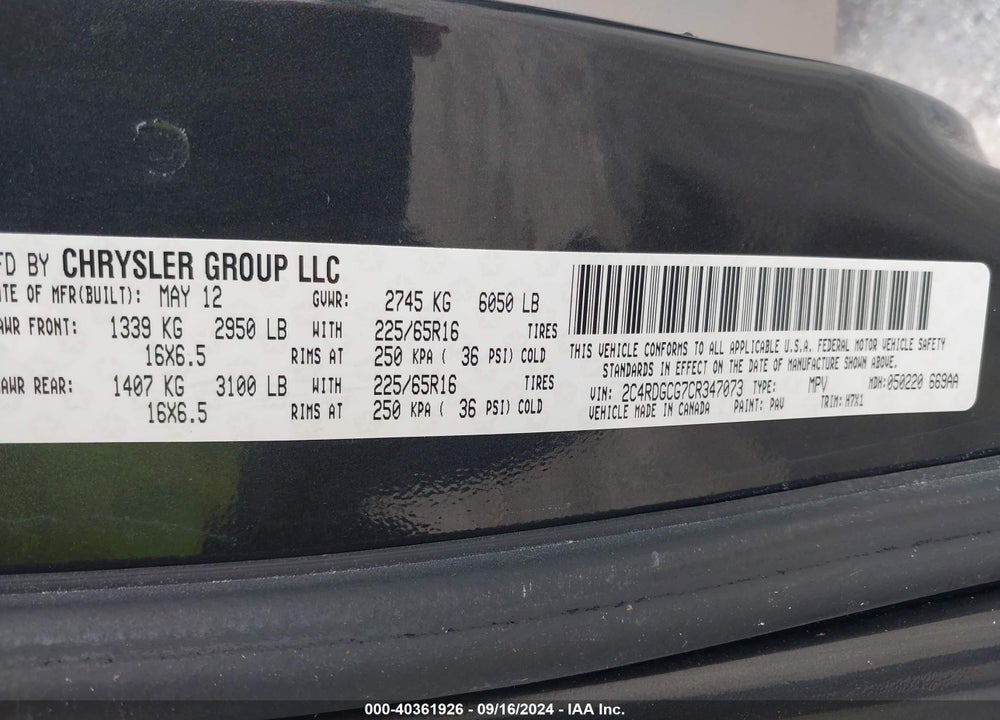 2012 DODGE GRAND CARAVAN SXT VIN: 2C4RDGCG7CR347073
