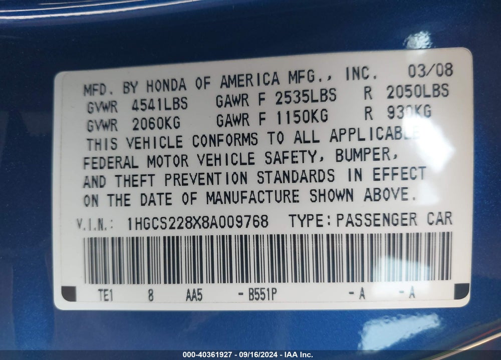2008 HONDA ACCORD 3.5 EX-L VIN: 1HGCS228X8A009768