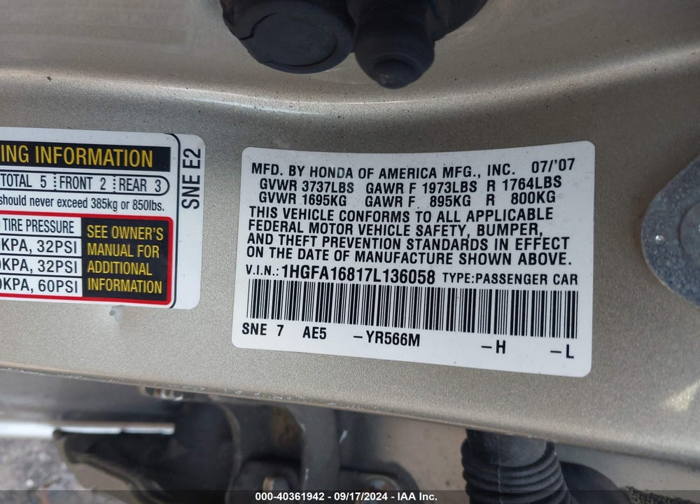 2007 HONDA CIVIC EX VIN: 1HGFA16817L136058