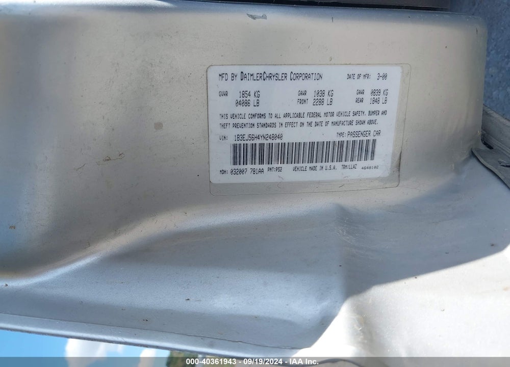 2000 DODGE STRATUS ES VIN: 1B3EJ56H4YN248040