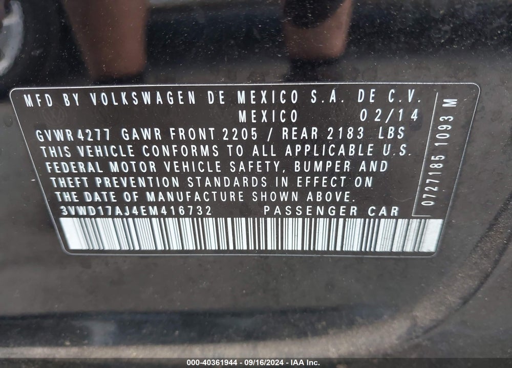 2014 VOLKSWAGEN JETTA 1.8T SE VIN: 3VWD17AJ4EM416732