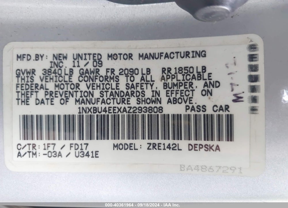 2010 TOYOTA COROLLA S VIN: 1NXBU4EEXAZ293808