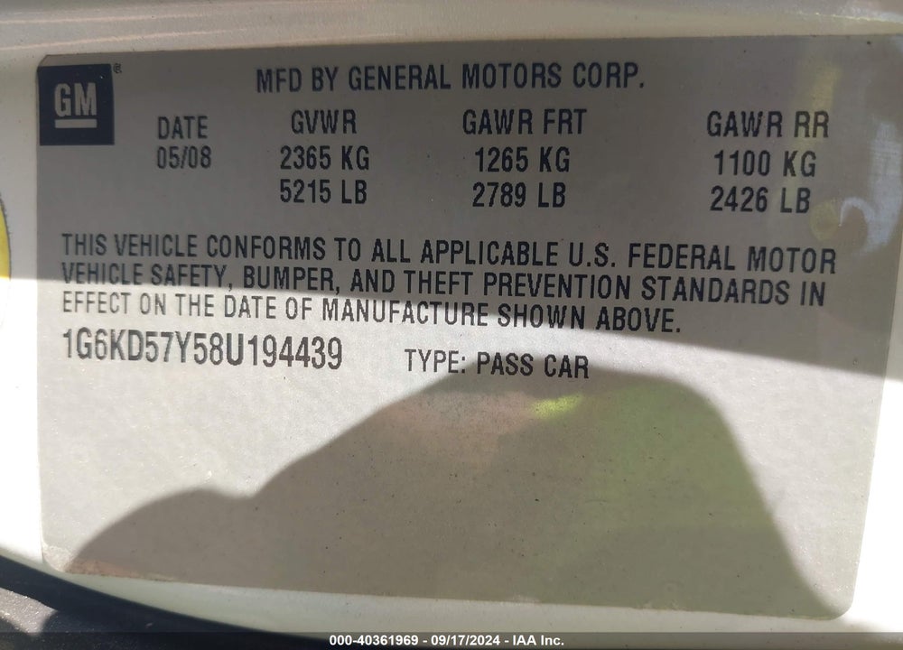 2008 CADILLAC DTS 1SD VIN: 1G6KD57Y58U194439