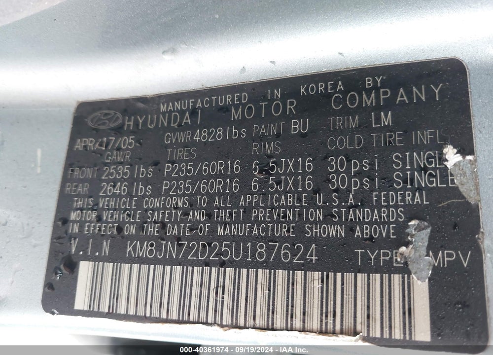 2005 HYUNDAI TUCSON GLS/LX VIN: KM8JN72D25U187624