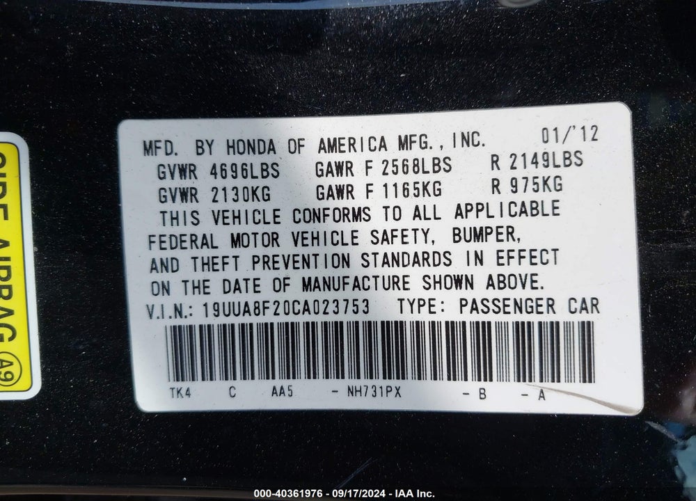 2012 ACURA TL 3.5 VIN: 19UUA8F20CA023753