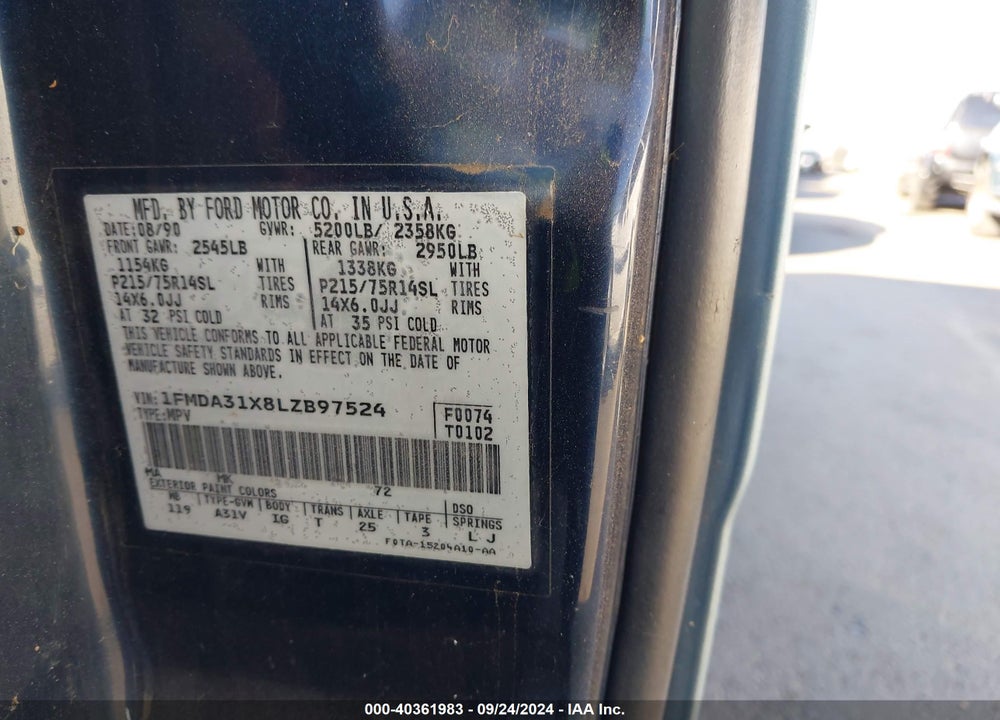 1990 FORD AEROSTAR VIN: 1FMDA31X8LZB97524