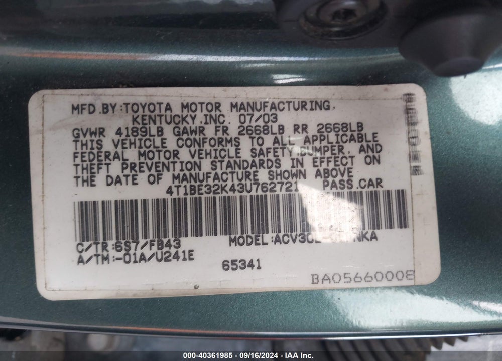 2003 TOYOTA CAMRY LE VIN: 4T1BE32K43U762721