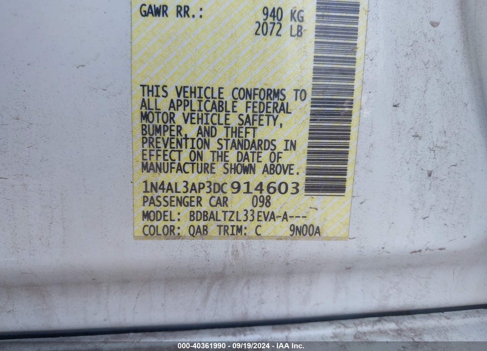 2013 NISSAN ALTIMA 2.5 SV VIN: 1N4AL3AP3DC914603