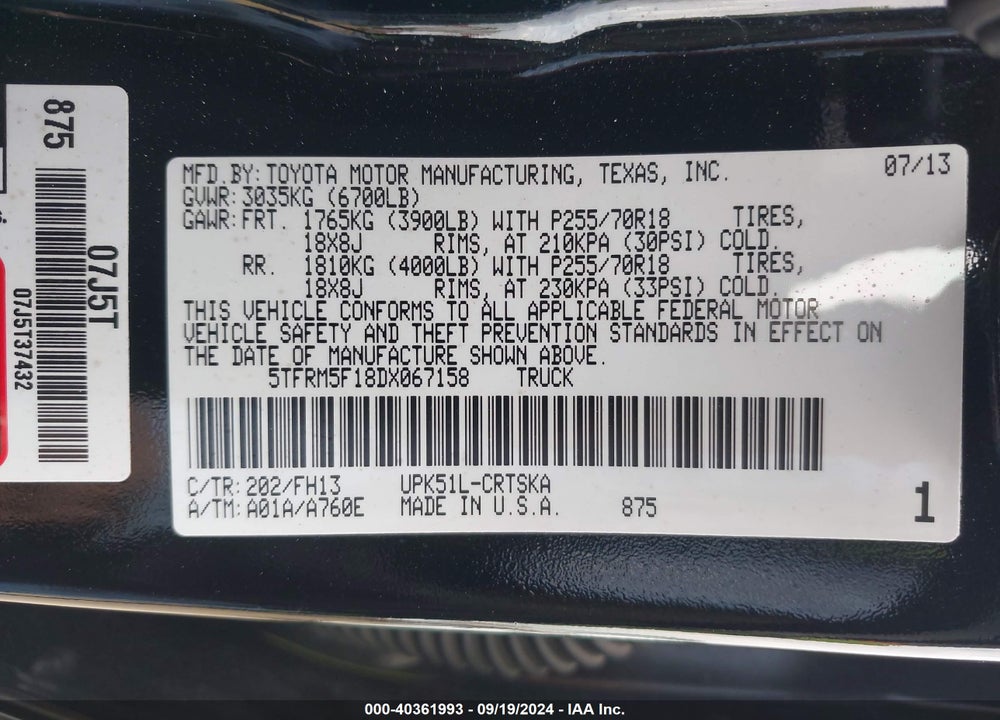 2013 TOYOTA TUNDRA GRADE 4.6L V8 VIN: 5TFRM5F18DX067158