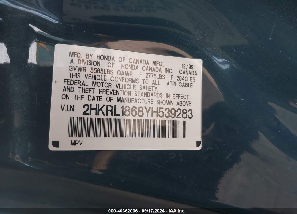 2000 HONDA ODYSSEY EX VIN: 2HKRL1868YH539283