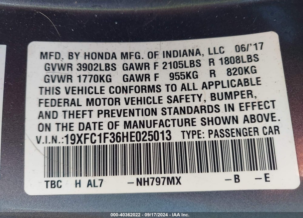 2017 HONDA CIVIC EX-T VIN: 19XFC1F36HE025013