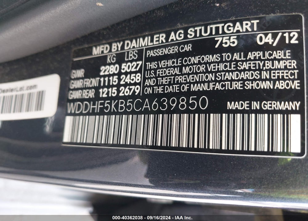 2012 MERCEDES-BENZ E 350 VIN: WDDHF5KB5CA639850