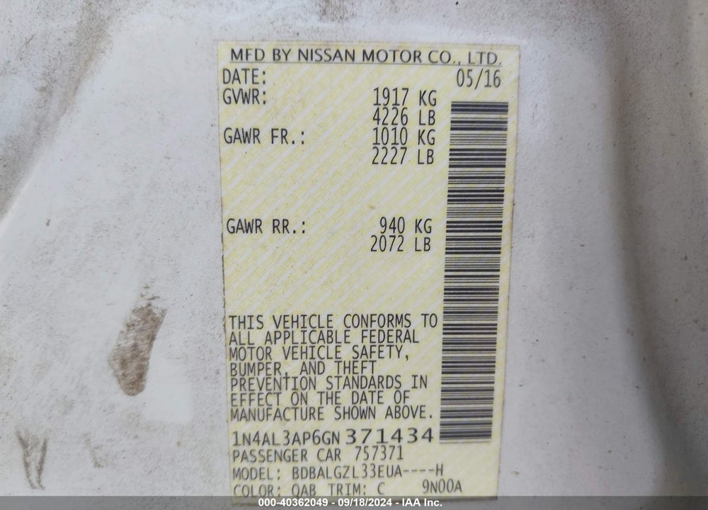 2016 NISSAN ALTIMA VIN: 1N4AL3AP6GN371434