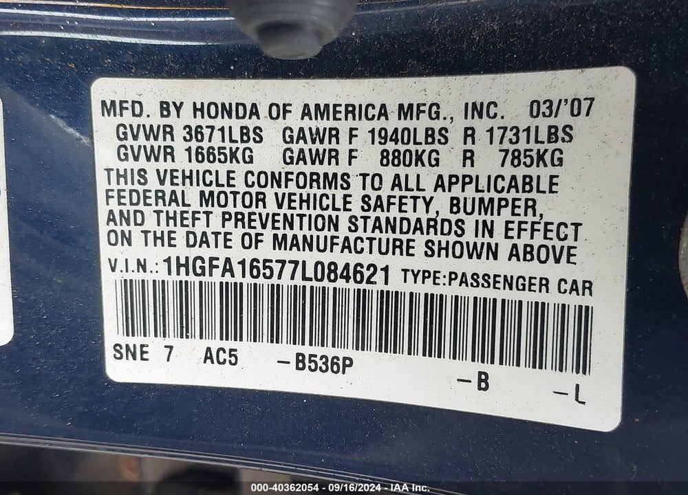 2007 HONDA CIVIC LX VIN: 1HGFA16577L084621