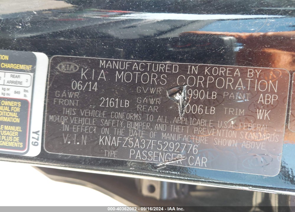 2015 KIA FORTE SX VIN: KNAFZ5A37F5292776
