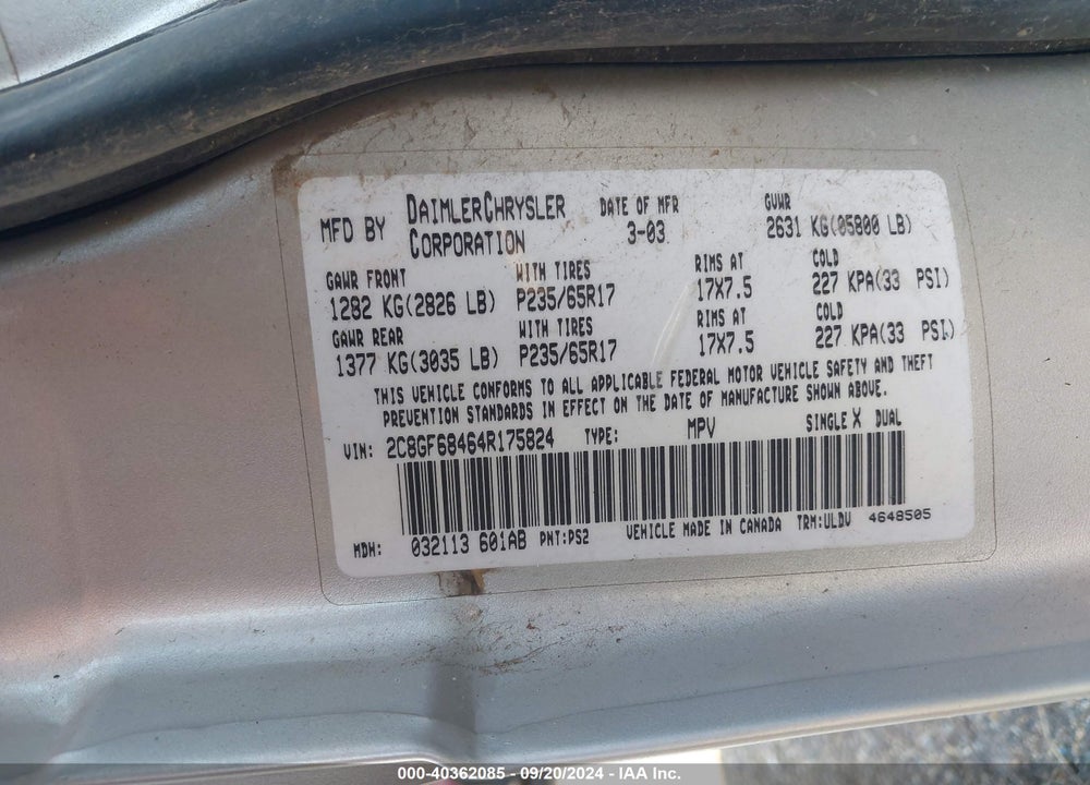 2004 CHRYSLER PACIFICA VIN: 2C8GF68464R175824
