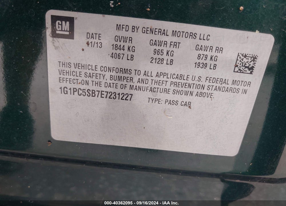 2014 CHEVROLET CRUZE 1LT AUTO VIN: 1G1PC5SB7E7231227