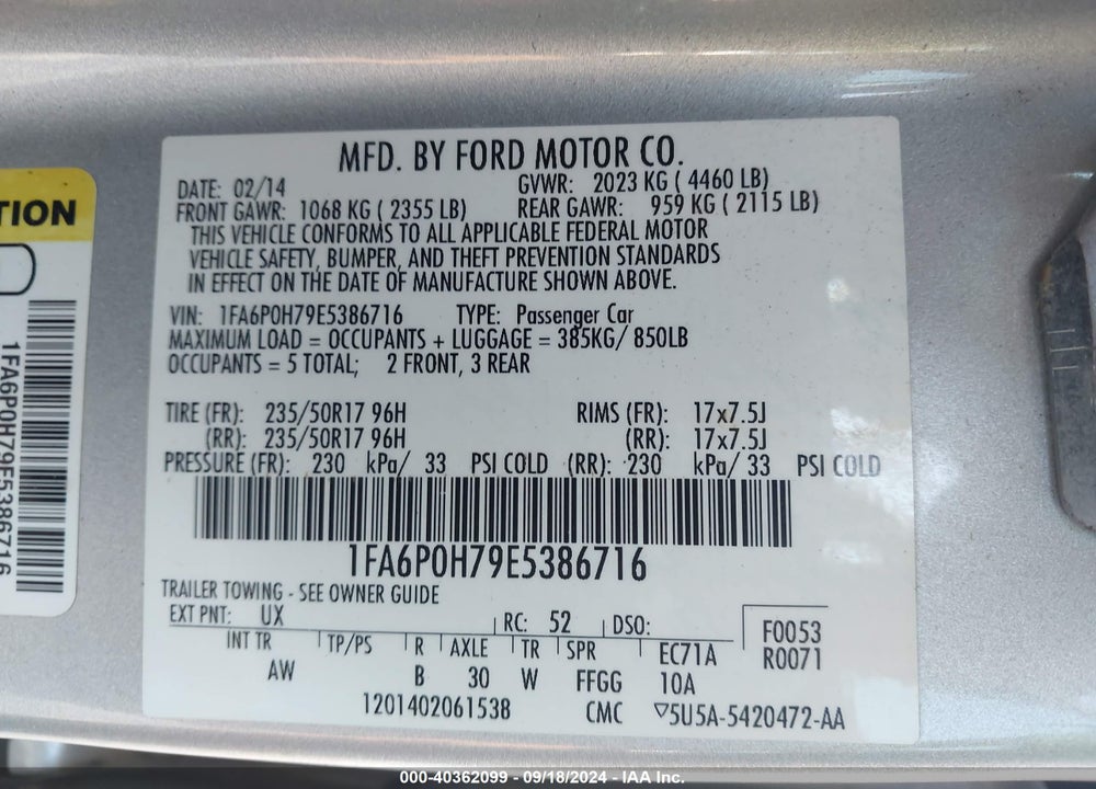 2014 FORD FUSION SE VIN: 1FA6P0H79E5386716