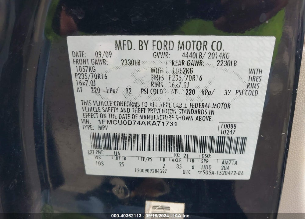 2010 FORD ESCAPE XLT VIN: 1FMCU0D74AKA71731
