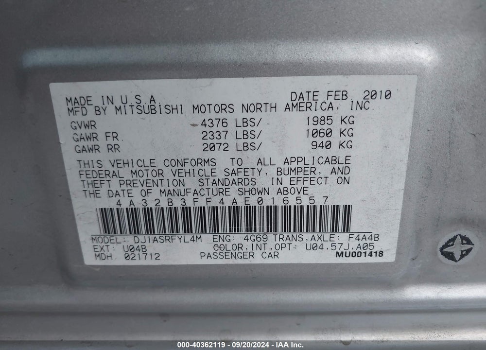 2010 MITSUBISHI GALANT ES/SE VIN: 4A32B3FF4AE016557