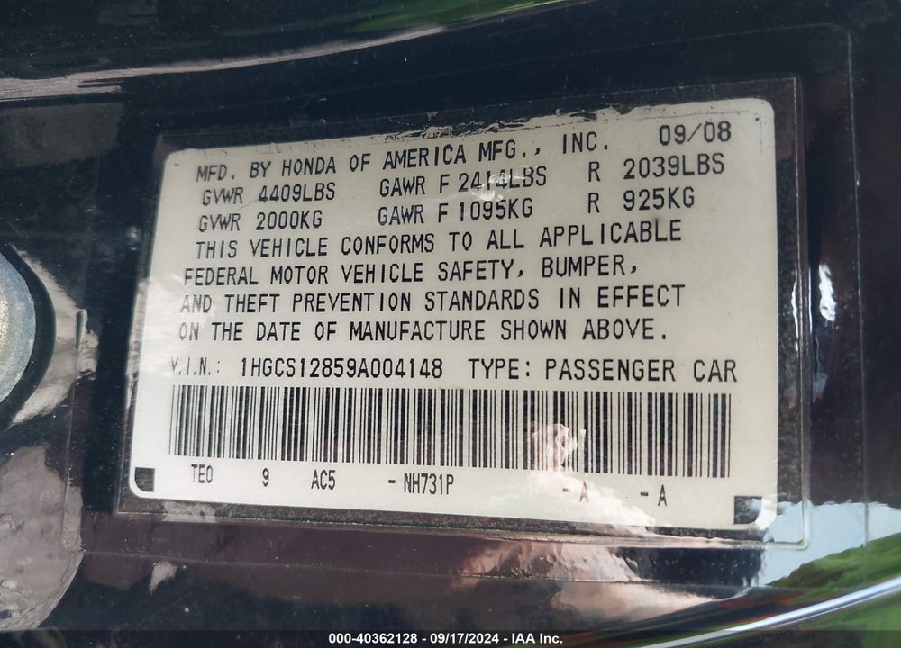 2009 HONDA ACCORD 2.4 EX-L VIN: 1HGCS12859A004148