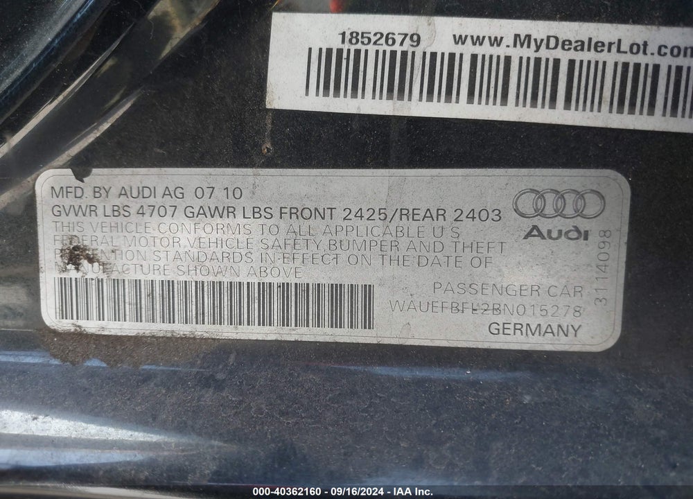 2011 AUDI A4 2.0T PREMIUM VIN: WAUEFBFL2BN015278