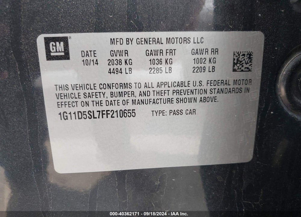 2015 CHEVROLET MALIBU 2LT VIN: 1G11D5SL7FF210655