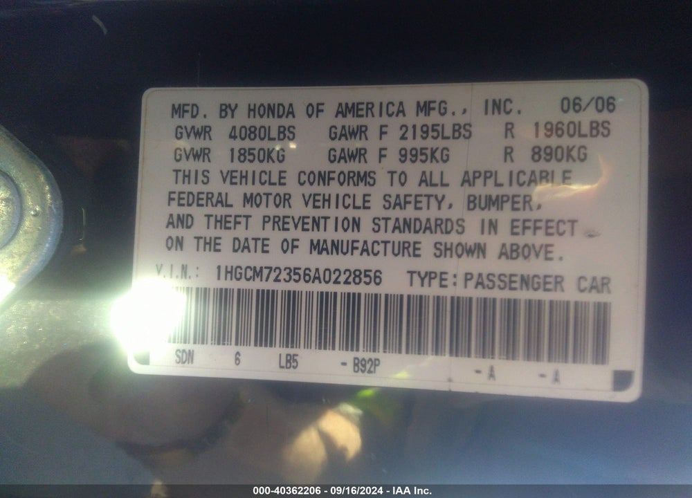 2006 HONDA ACCORD 2.4 LX VIN: 1HGCM72356A022856