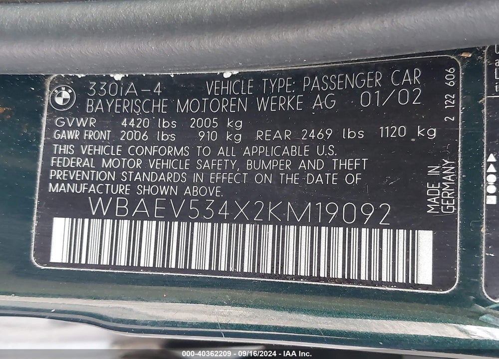 2002 BMW 330I VIN: WBAEV534X2KM19092