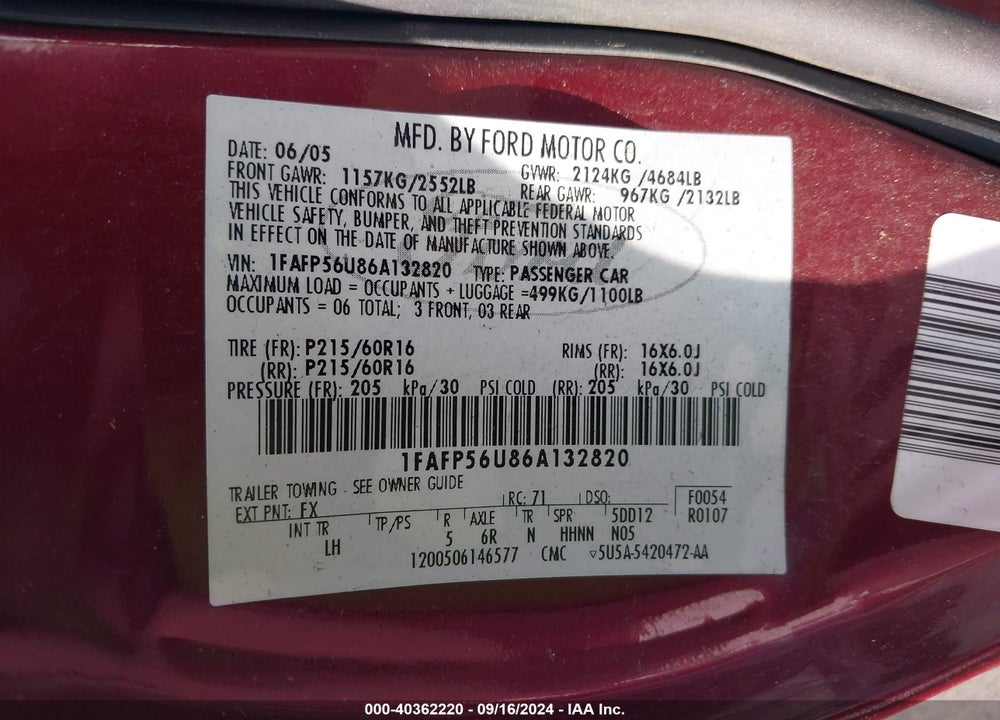 2006 FORD TAURUS SEL VIN: 1FAFP56U86A132820