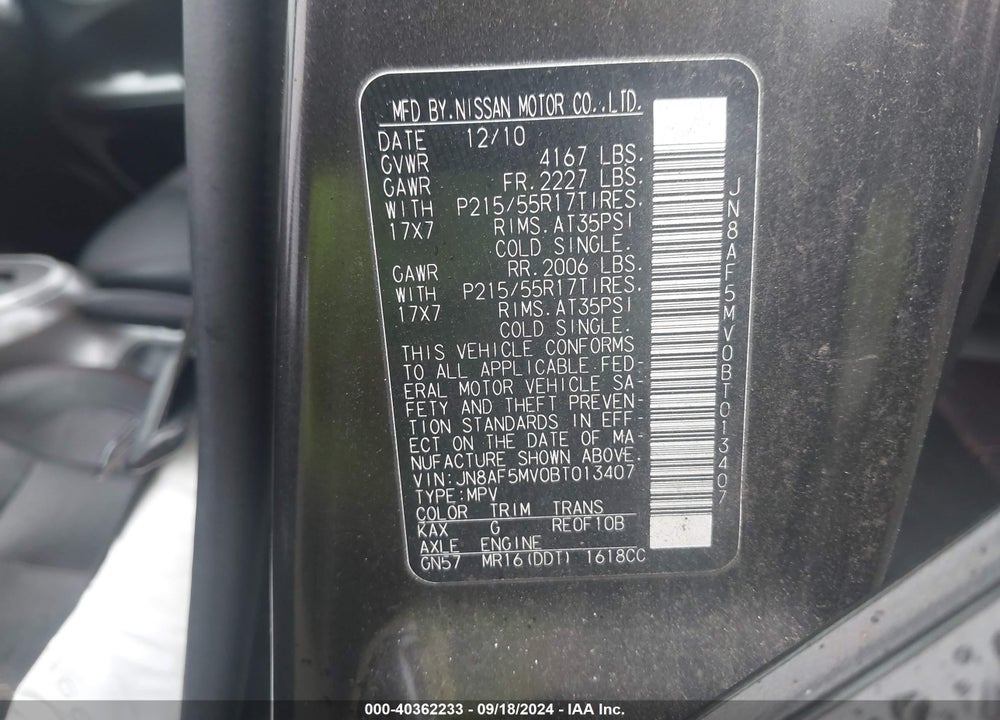 2011 NISSAN JUKE SL VIN: JN8AF5MV0BT013407