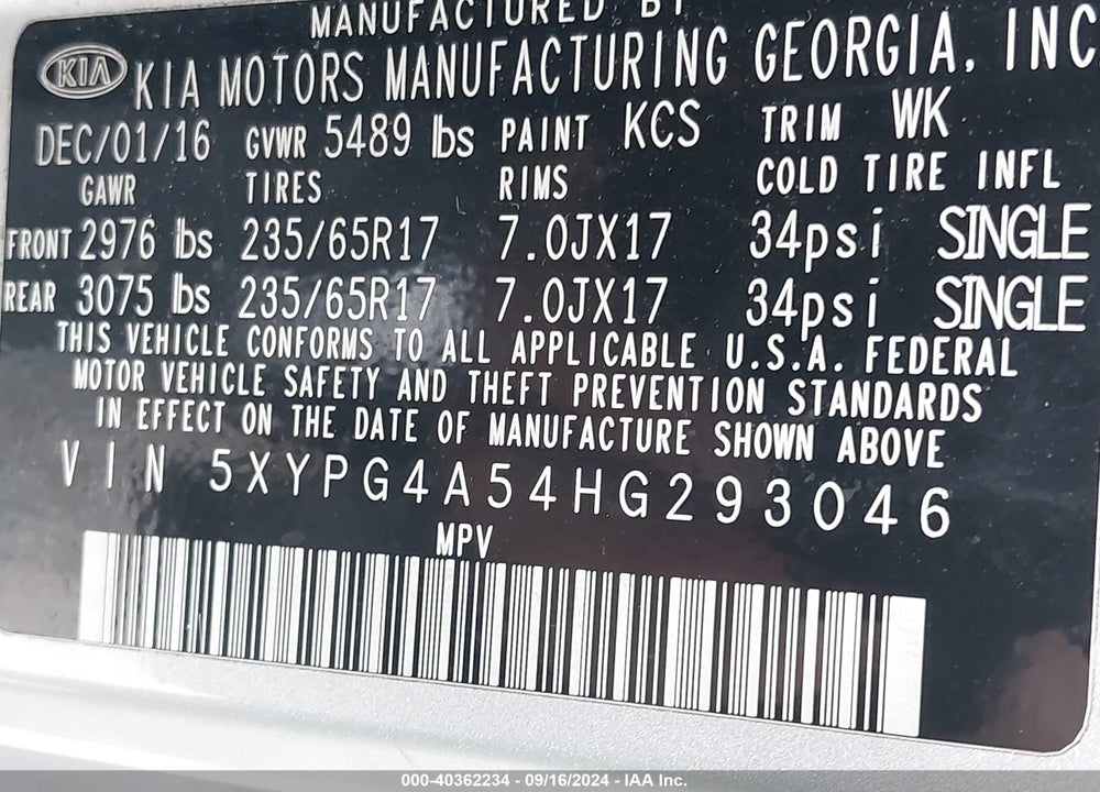 2017 KIA SORENTO 3.3L LX VIN: 5XYPG4A54HG293046