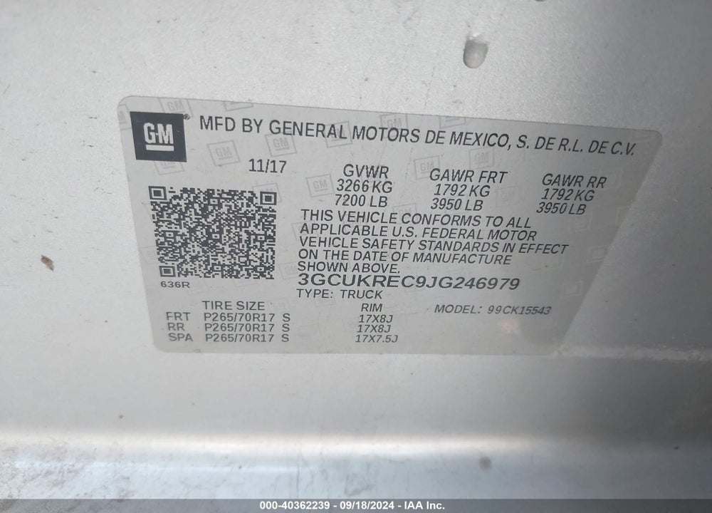 2018 CHEVROLET SILVERADO 1500 1LT VIN: 3GCUKREC9JG246979