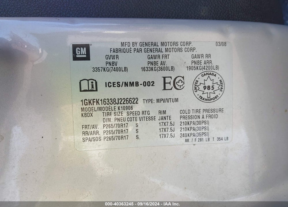 2008 GMC YUKON XL 1500 SLE/SLT VIN: 1GKFK16338J226622