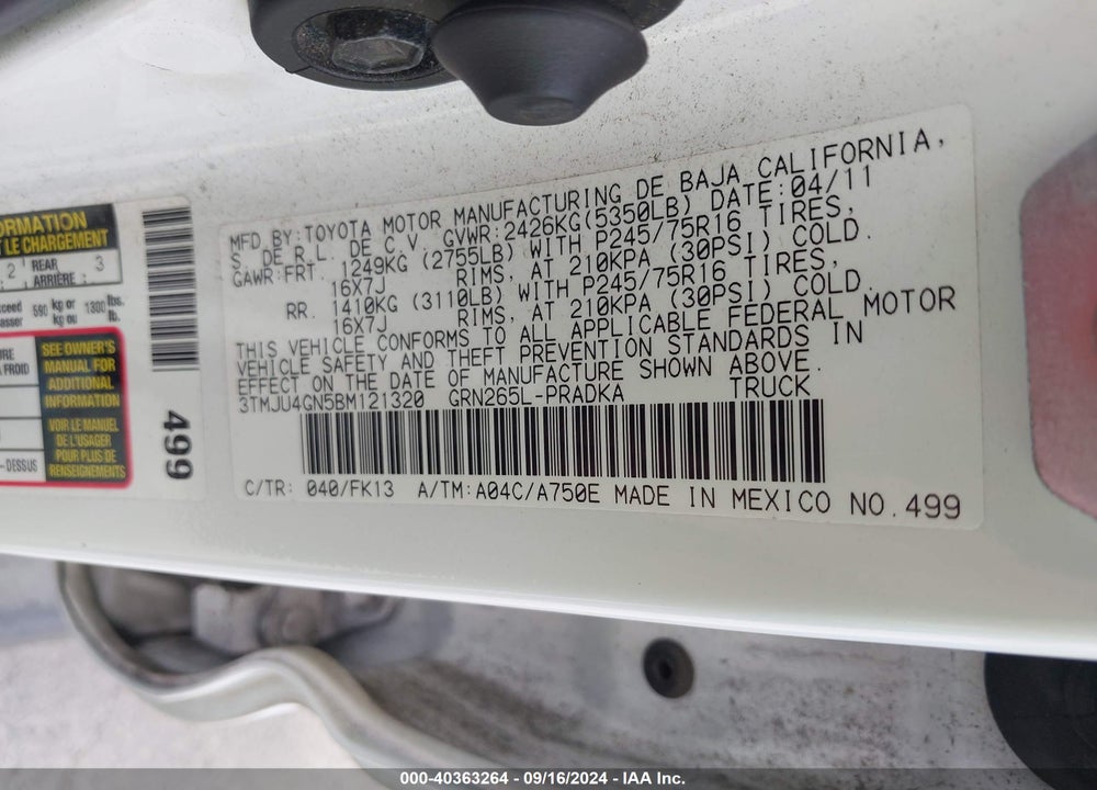 2011 TOYOTA TACOMA PRERUNNER V6 VIN: 3TMJU4GN5BM121320