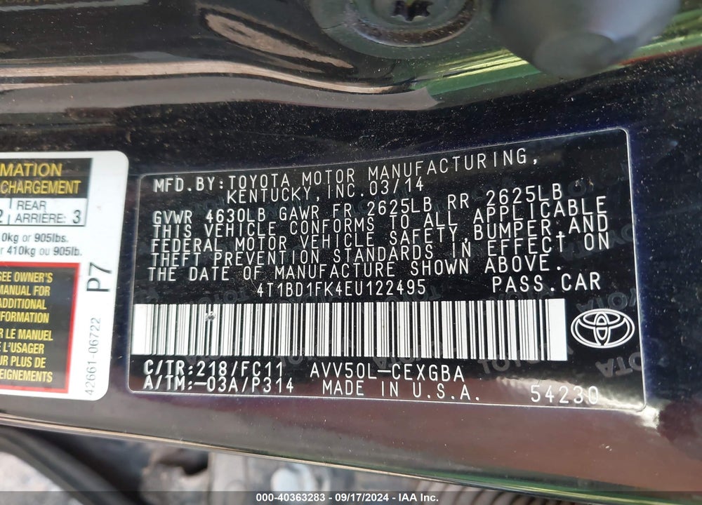 2014 TOYOTA CAMRY HYBRID XLE VIN: 4T1BD1FK4EU122495