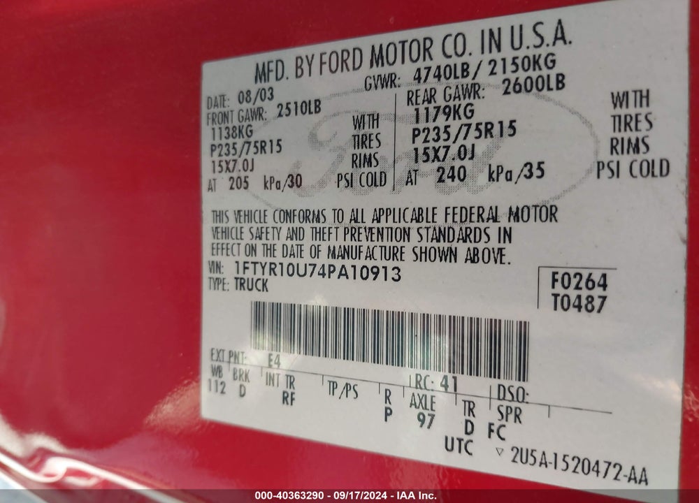 2004 FORD RANGER EDGE/XL/XLT VIN: 1FTYR10U74PA10913