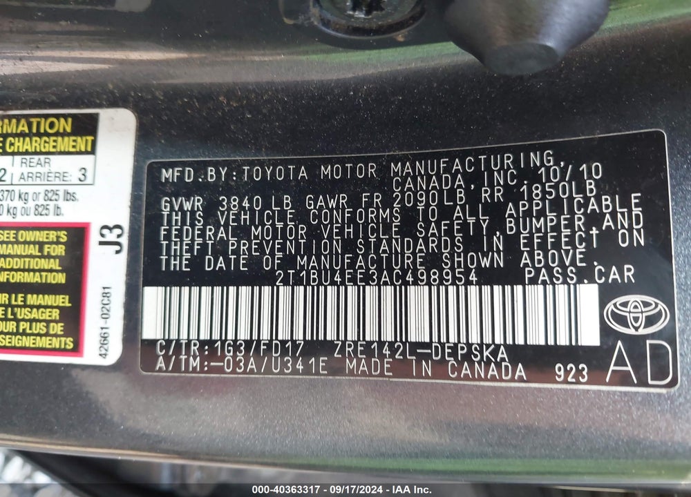 2010 TOYOTA COROLLA S VIN: 2T1BU4EE3AC498954
