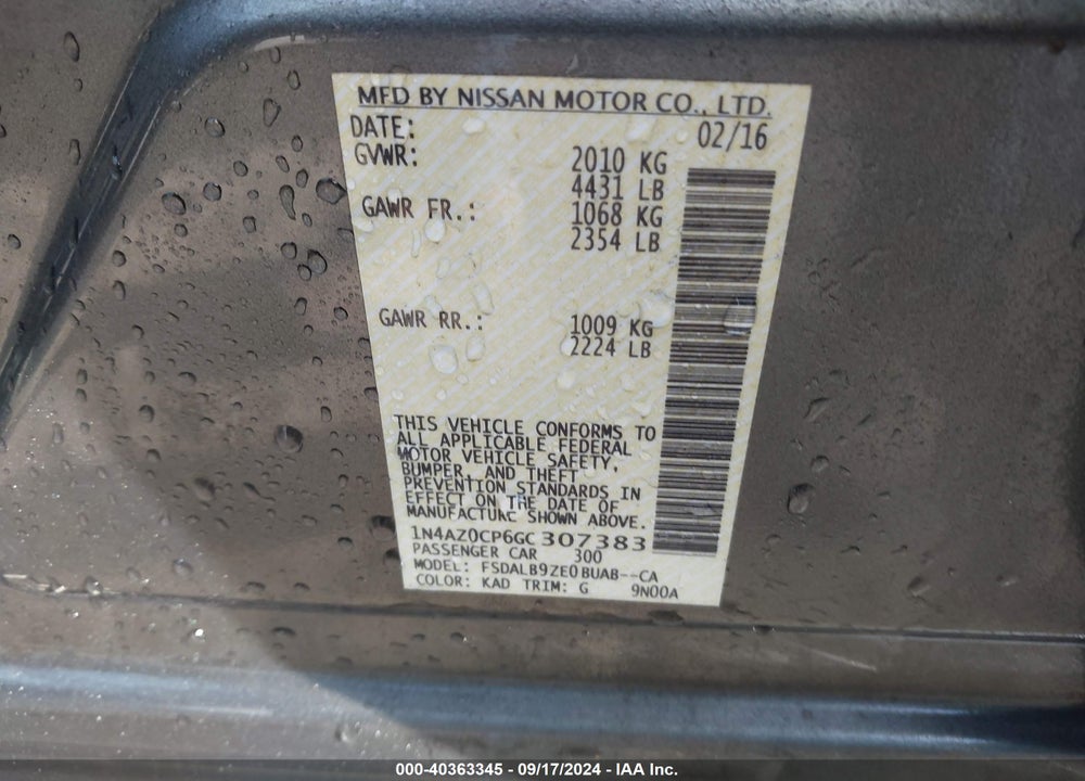 2016 NISSAN LEAF S VIN: 1N4AZ0CP6GC307383
