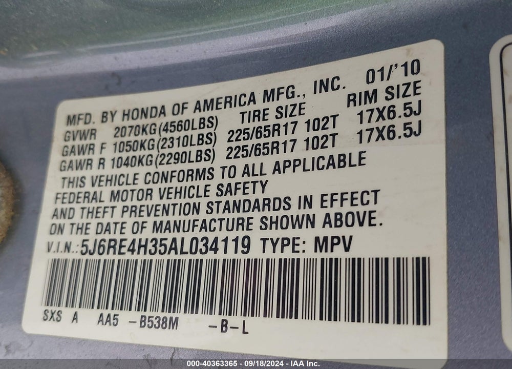 2010 HONDA CR-V LX VIN: 5J6RE4H35AL034119