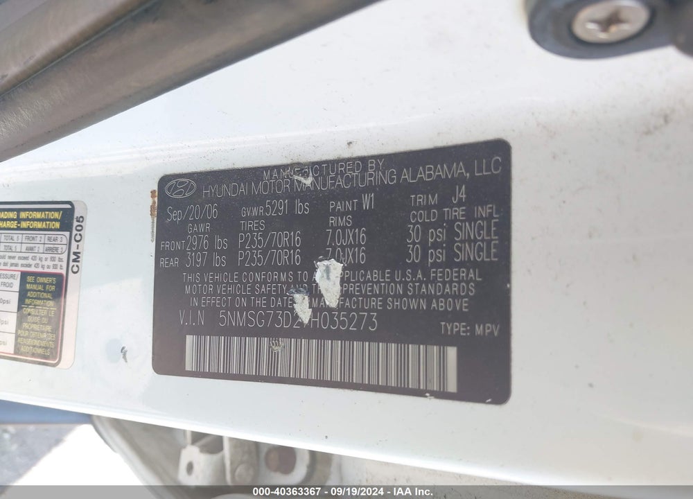 2007 HYUNDAI SANTA FE GLS VIN: 5NMSG73D27H035273