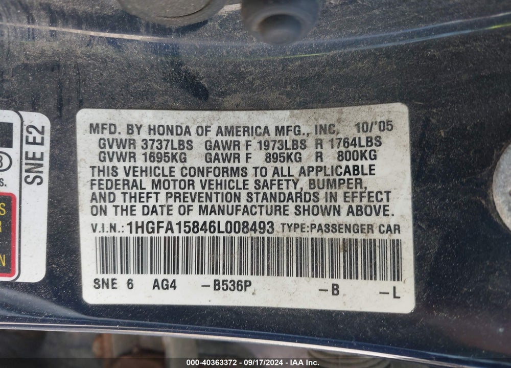 2006 HONDA CIVIC EX VIN: 1HGFA15846L008493
