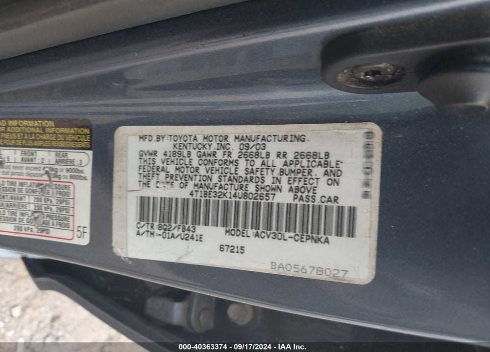 2004 TOYOTA CAMRY LE VIN: 4T1BE32K14U802657
