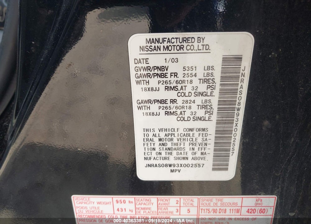 2003 INFINITI FX35 VIN: JNRAS08W93X002557