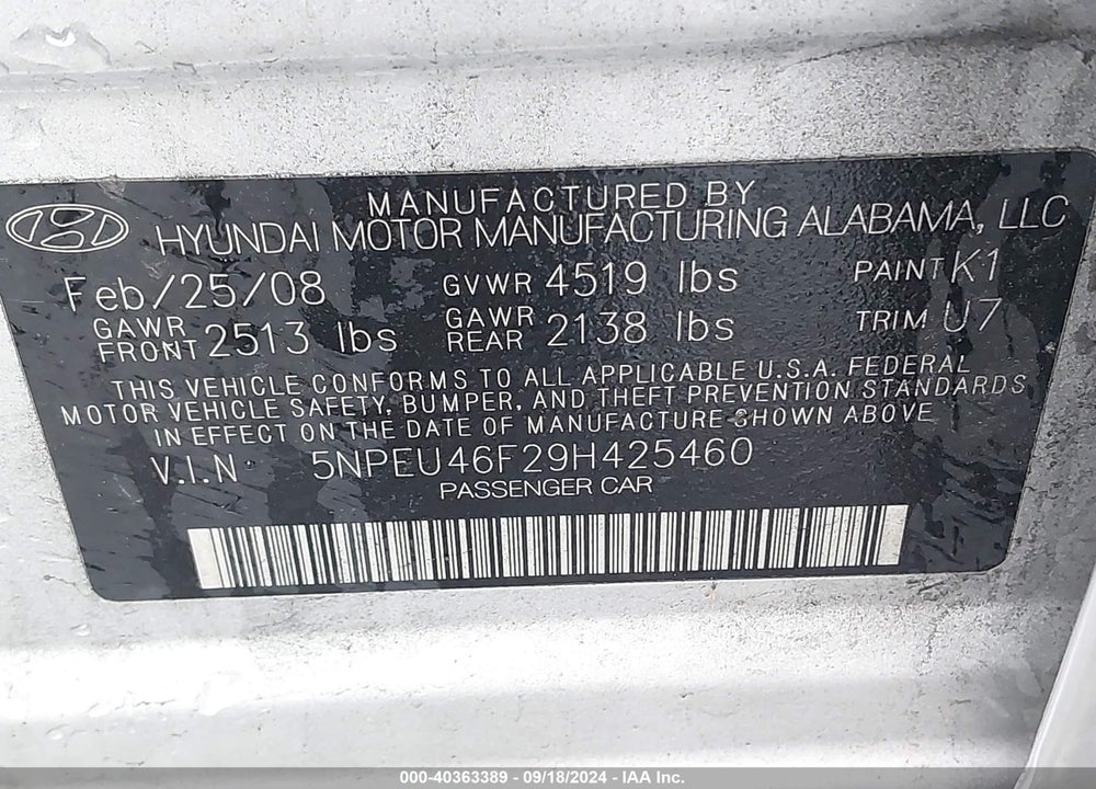 2009 HYUNDAI SONATA LIMITED V6 VIN: 5NPEU46F29H425460