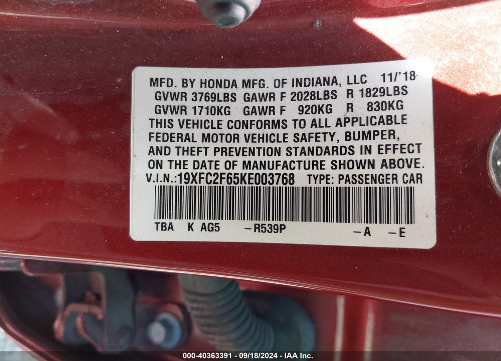 2019 HONDA CIVIC LX VIN: 19XFC2F65KE003768