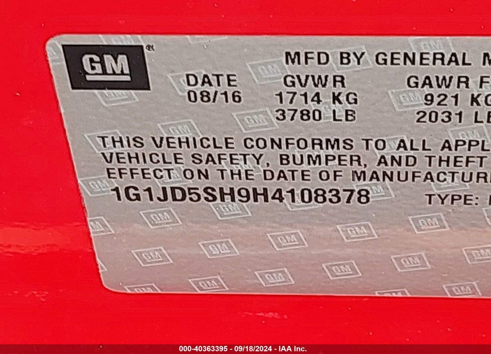 2017 CHEVROLET SONIC LT AUTO VIN: 1G1JD5SH9H4108378