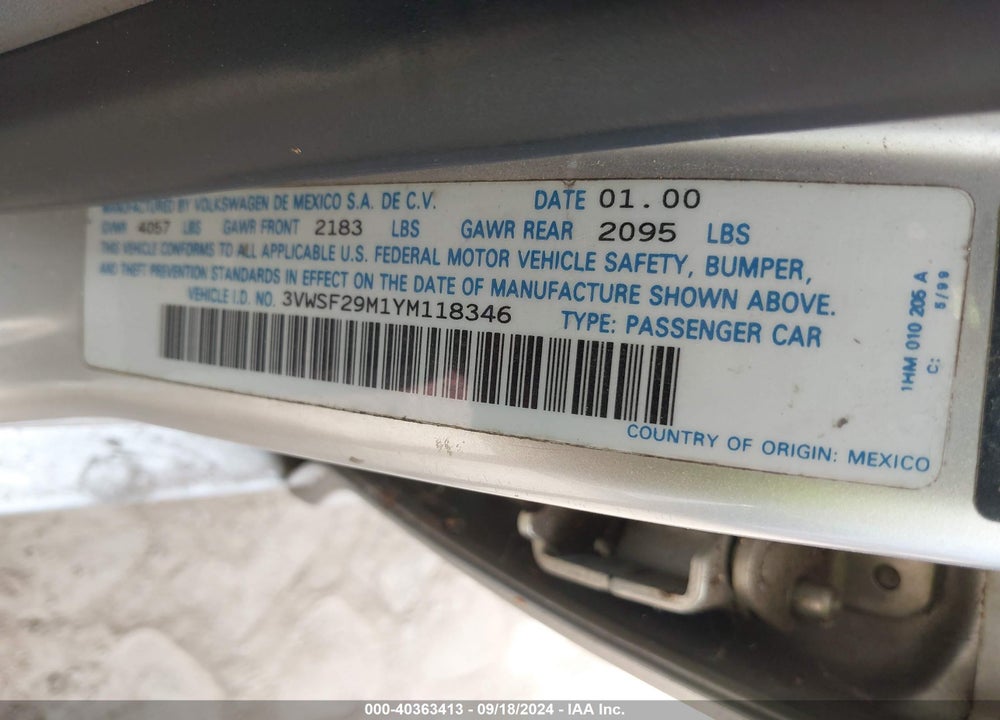 2000 VOLKSWAGEN JETTA GLS TDI VIN: 3VWSF29M1YM118346
